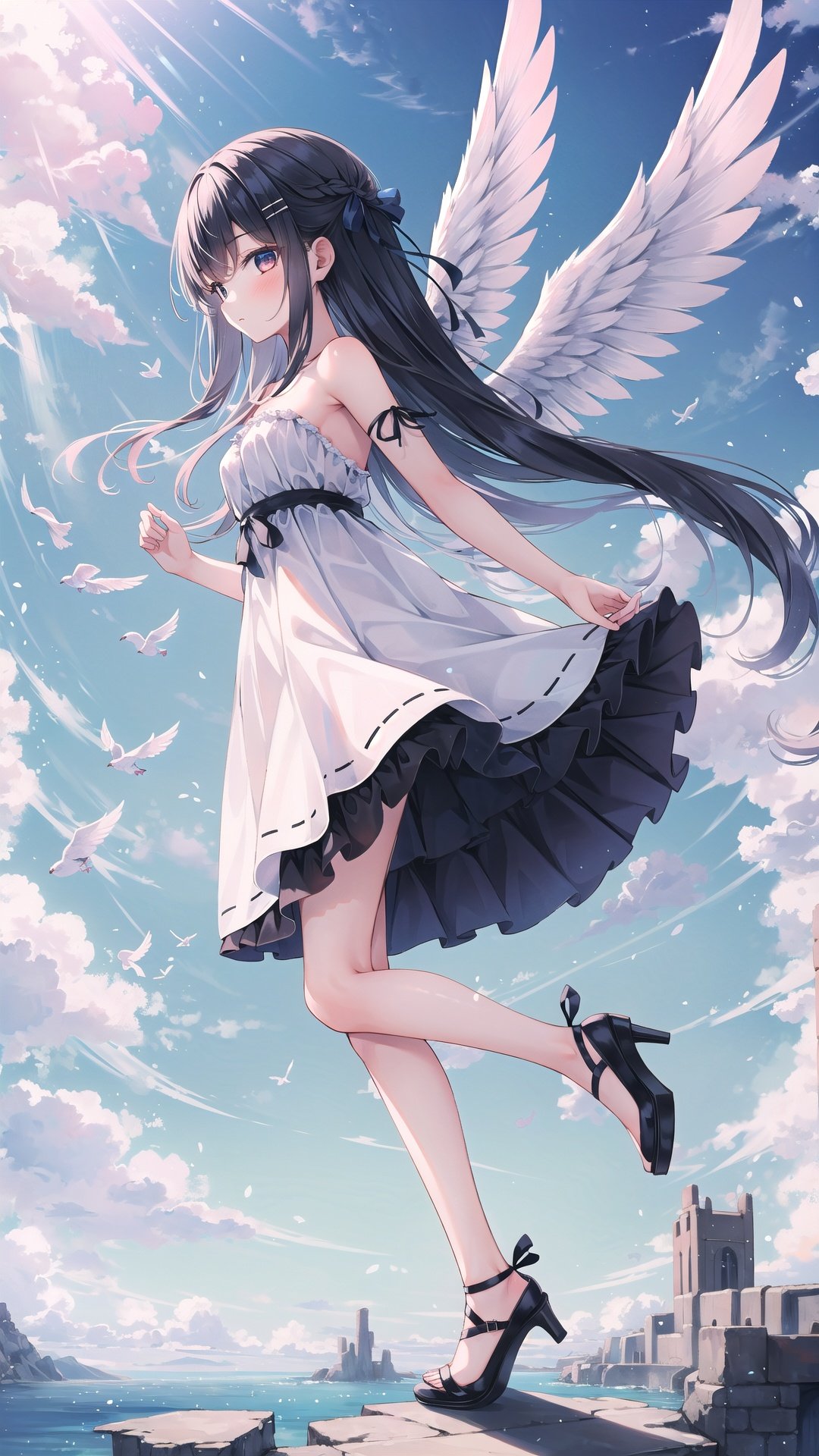 1girl, solo, dress, long hair, high heels, wings, sky, bare shoulders, ribbon, hair ribbon, white dress, white wings, bangs, feathered wings, black ribbon, cloud, floating hair, strapless, angel wings, frills, from side, very long hair