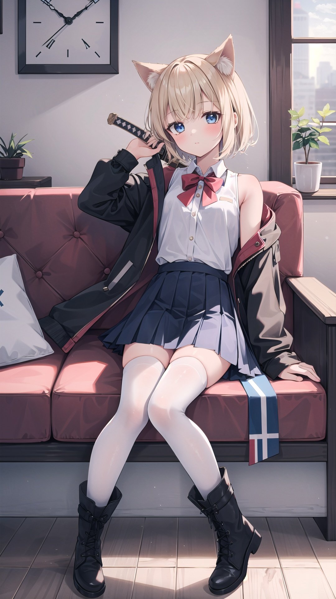 1girl, solo, boots, thighhighs, animal ears, blue eyes, couch, looking at viewer, jacket, skirt, white thighhighs, indoors, weapon, blonde hair, clock, short hair, sword, bangs