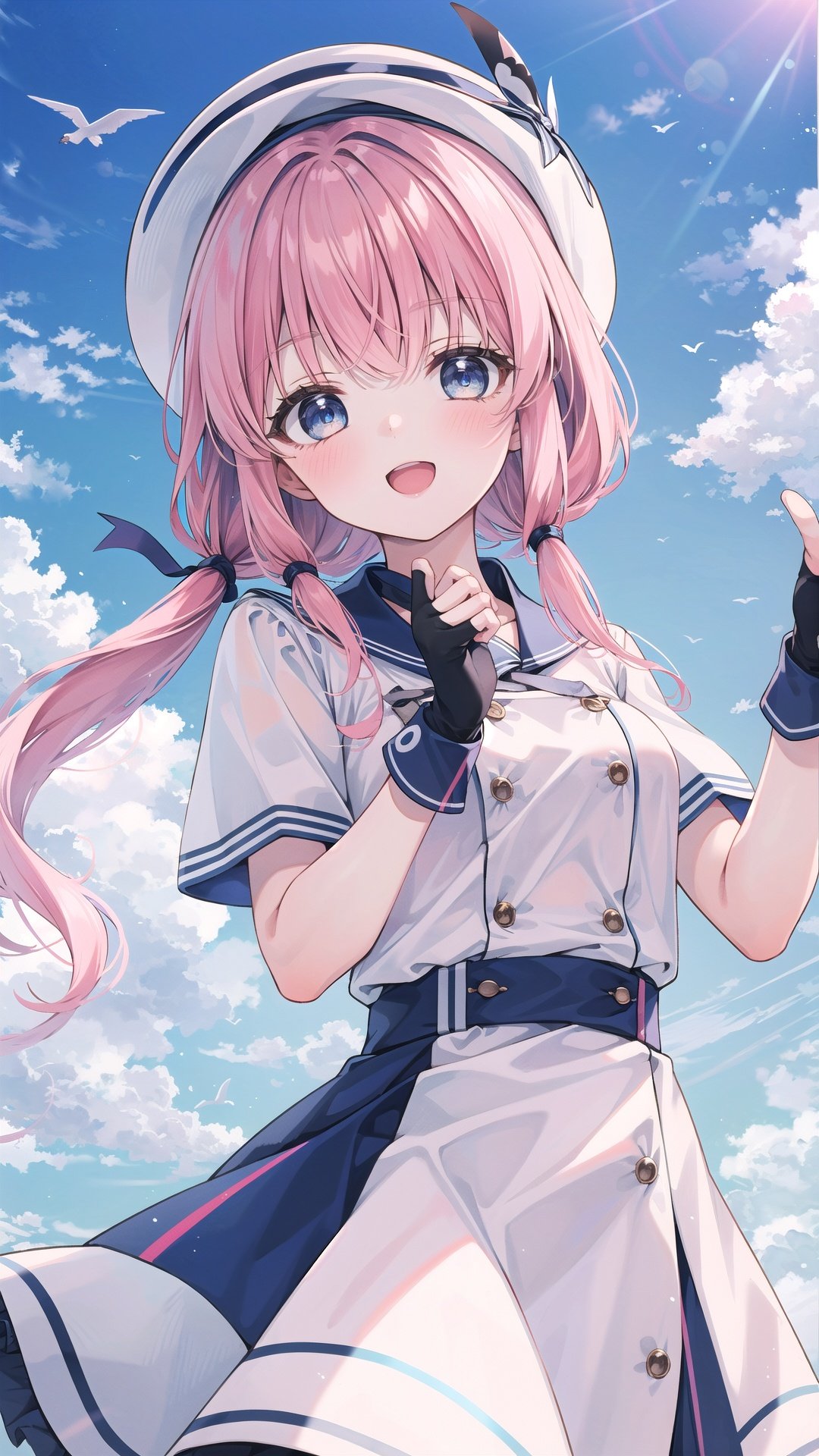 short sleeves, 1girl, white shirt, shirt, mizunashi akari, gloves, pink hair, hat, smile, aria company uniform, bangs, open mouth, sidelocks, short hair with long locks, blush, sky, fingerless gloves, holding, dress, blue eyes, cloud