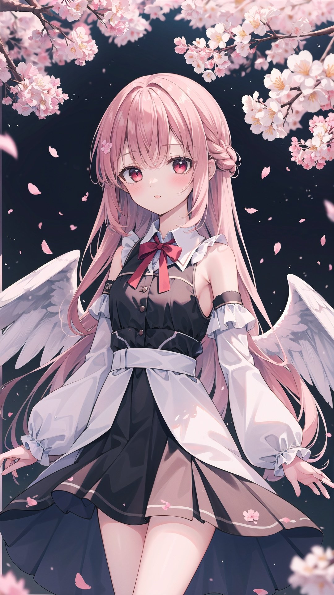  1girl, solo, long hair, wings, feathered wings, looking at viewer, bare shoulders, bangs, detached sleeves, long sleeves, petals, black background, red eyes, skirt, very long hair, dress, frills, shirt, cherry blossoms, angel wings, white wings, tree