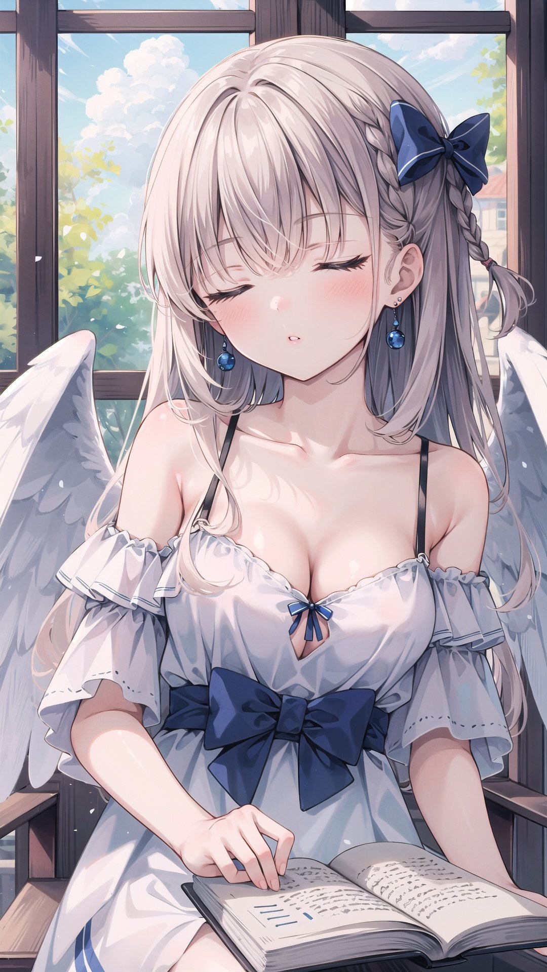 1girl, solo, book, closed eyes, long hair, bow, breasts, hair bow, wings, dress, feathered wings, open book, sitting, bare shoulders, earrings, jewelry, braid, sleeping, bangs, collarbone, cleavage, grey dress, medium breasts, parted lips