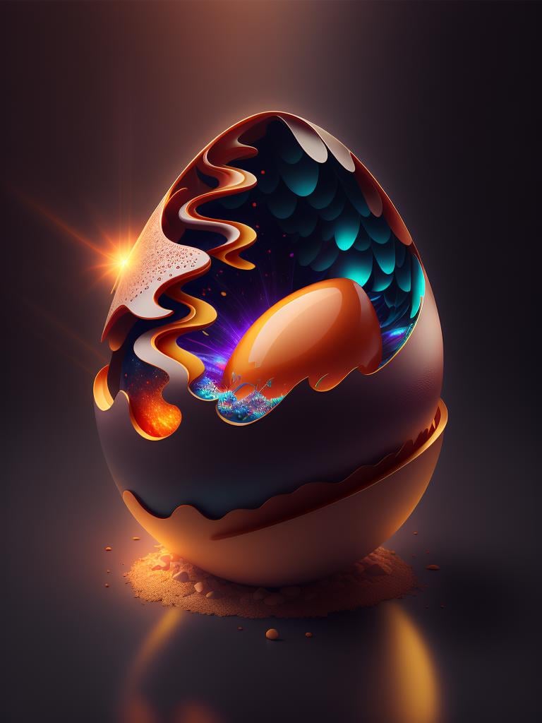 there is (a large egg:1.3) with a hole in it on a dark surface, 3d digital art 4k, cinema 4d bright light render, cinema 4 d art, 3d render digital art, humpty dumpty in form of egg, digital art render, high-quality render, magic frozen ice phoenix egg, cinema 4 d render, cinema 4d render, white background, color slash, aint clear-poly h 7 0 by popular casting happy thunder, cgsociety