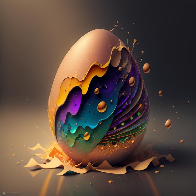 a colorful egg with a cracked shell and paint splatters on it's side and a white background, gradient, (gradient_background:1.25), grey_background, musical_note, no_humans, pokemon_\(creature\), water splash rain, ftp', bokeh, ultra detailed, volumetric lighting, trending on artstation, CGSociety, concept art bronzepiece : no middle stripe splash: no watermark separated cartoon batter