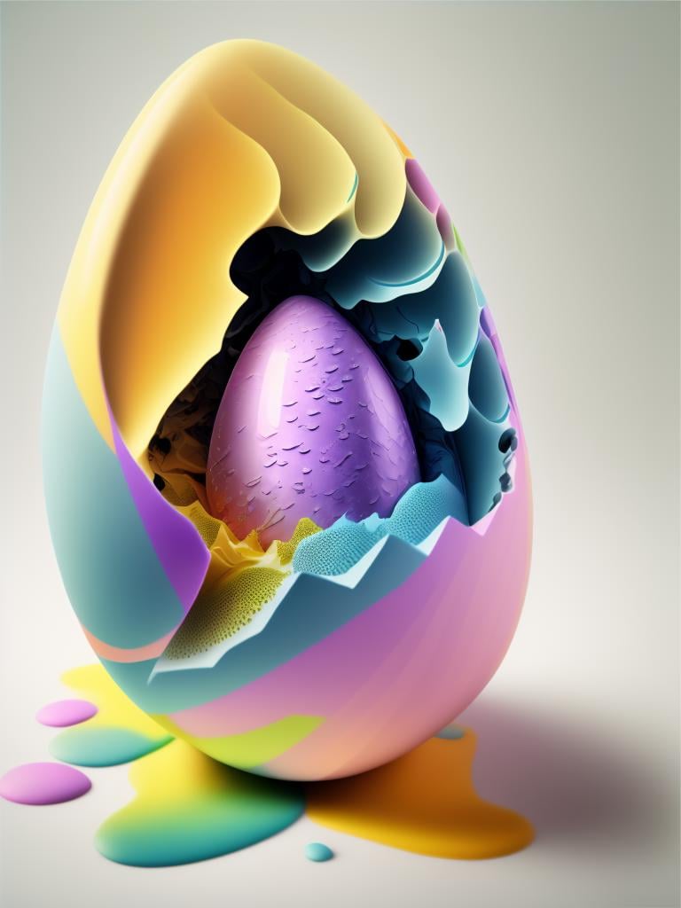 a colorful egg with a cracked shell and paint splatters on it's side and a white background, gradient, gradient_background, grey_background, (musical_note:1.14), no_humans, pokemon_\(creature\), water 