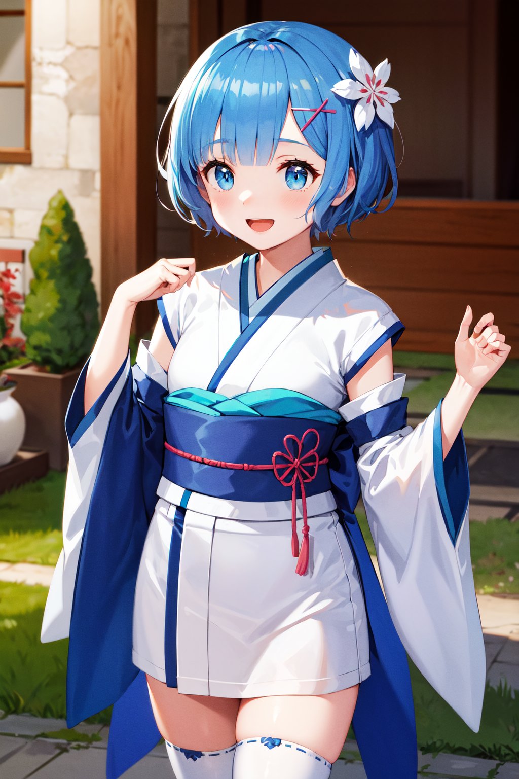 masterpiece, best quality, highres, bbrem, short hair, x hair ornament, japanese clothes, white kimono, short kimono, detached sleeves, wide sleeves, sash, white thighhighs, aged down, <lora:rem_v1:0.8>, standing, cowboy shot, outdoor, smile, open mouth, 