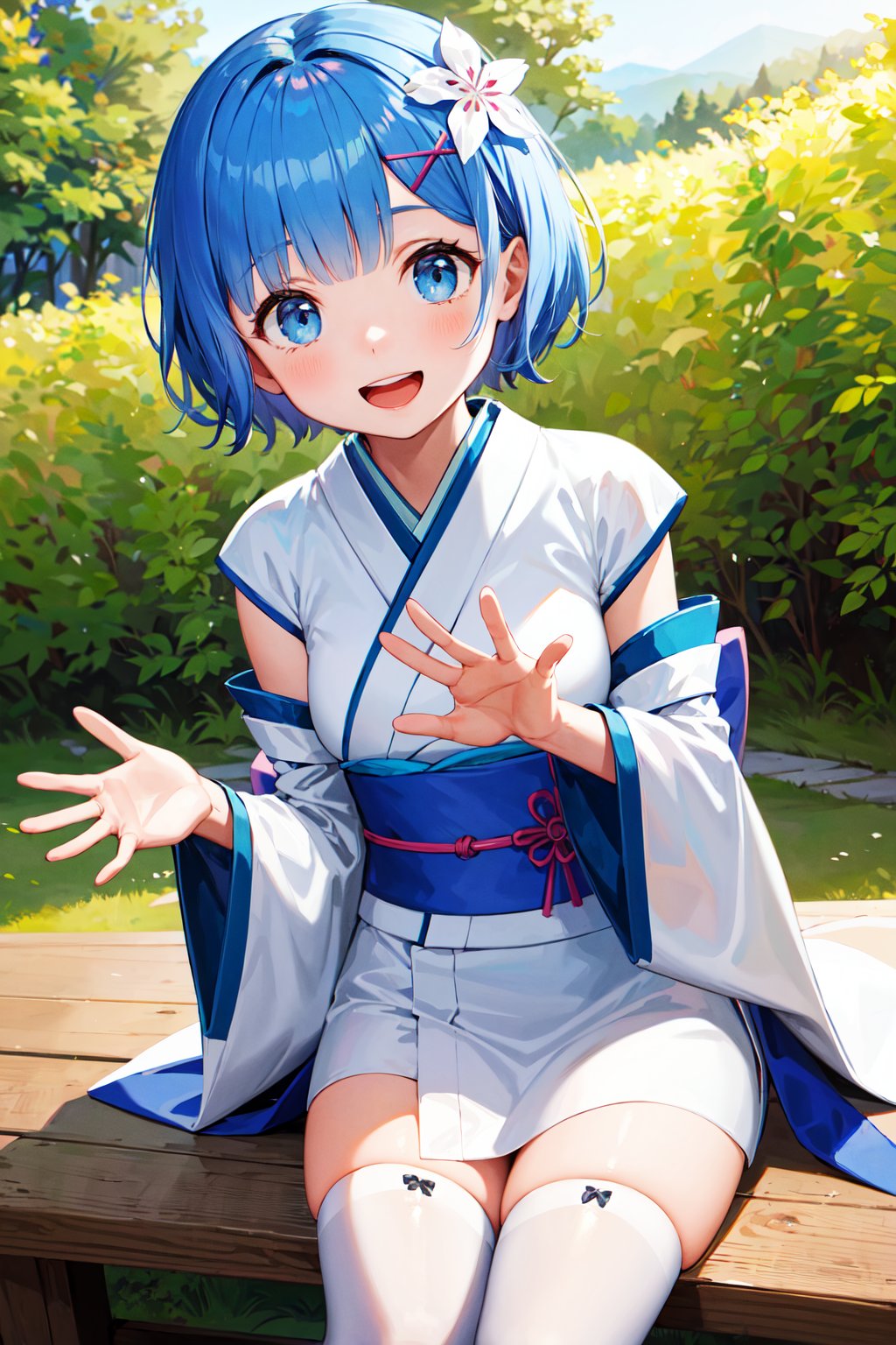masterpiece, best quality, highres, bbrem, short hair, x hair ornament, japanese clothes, white kimono, short kimono, detached sleeves, wide sleeves, sash, white thighhighs, aged down, <lora:rem_v1:0.8>, waving, smile, open mouth, outdoors, sitting