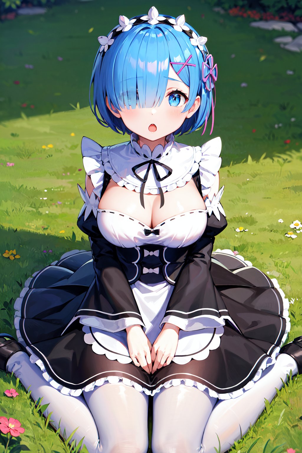masterpiece, best quality, highres, aarem, short hair, maid headdress, x hair ornament, hair ribbon, hair over one eye, large breasts, frills, neck ribbon, cleavage, dress, detached sleeves, white apron, waist apron, white pantyhose, <lora:rem_v1:0.8>, :o, wariza, grass, field, mary janes,