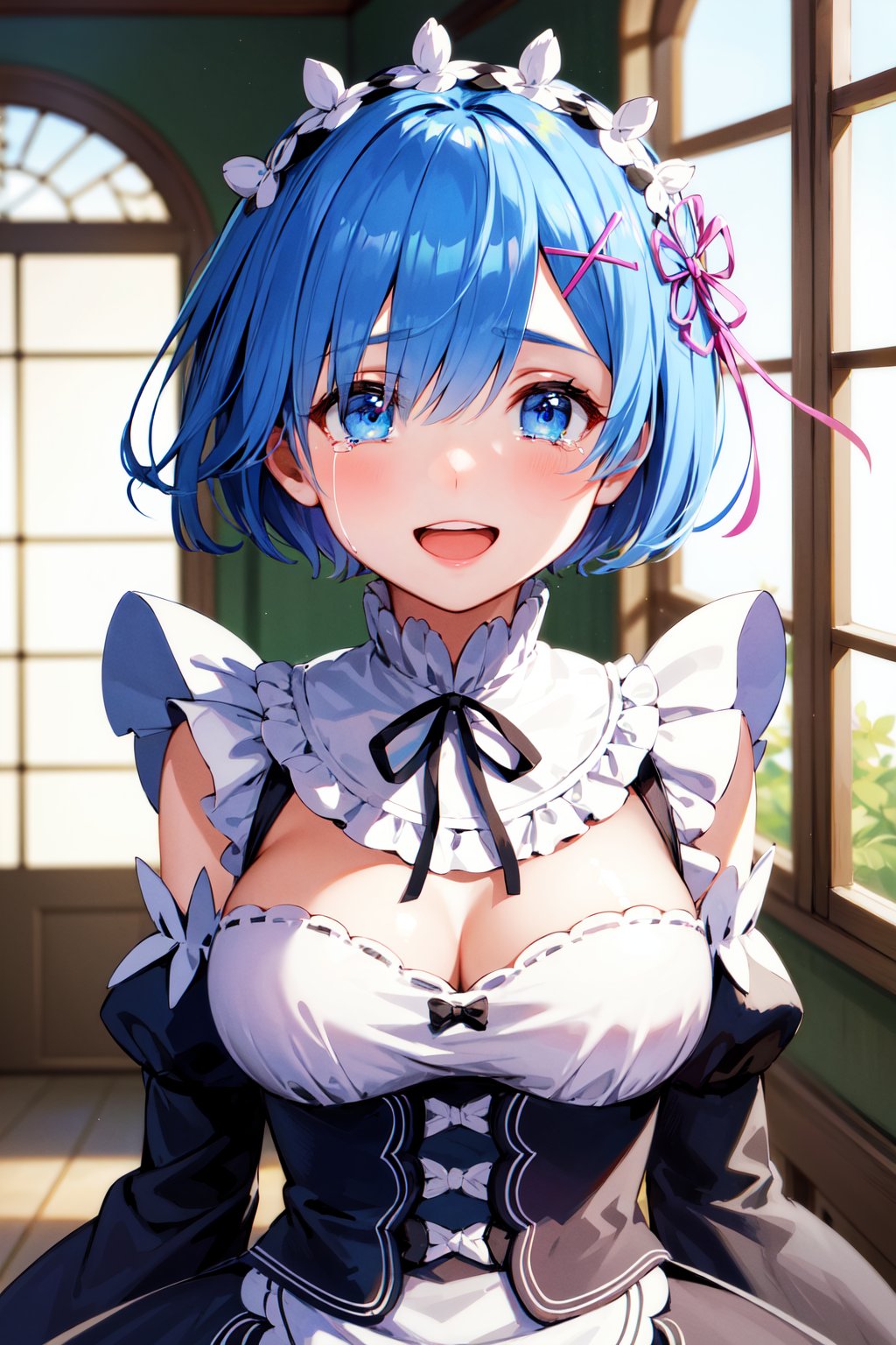 masterpiece, best quality, highres, aarem, short hair, maid headdress, x hair ornament, hair ribbon, large breasts, frills, neck ribbon, cleavage, dress, detached sleeves, <lora:rem_v1:0.8>, (upper body:1.2), (smile:1.1), (tears:1.1), open mouth, (floating hair:1.1), wind, indoors, window