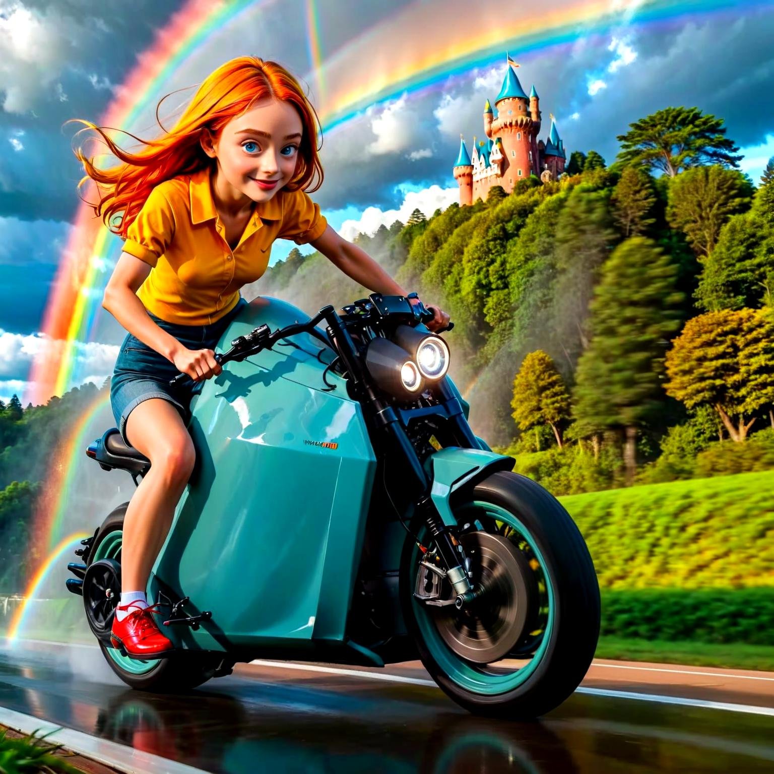 Ankama vivid animation style she riding a DC100 at a rainbow in wonderland, ,(dc100:1.05), hyperrealistic,,. Vibrant colors, expansive storyworlds, stylized characters, flowing motion
