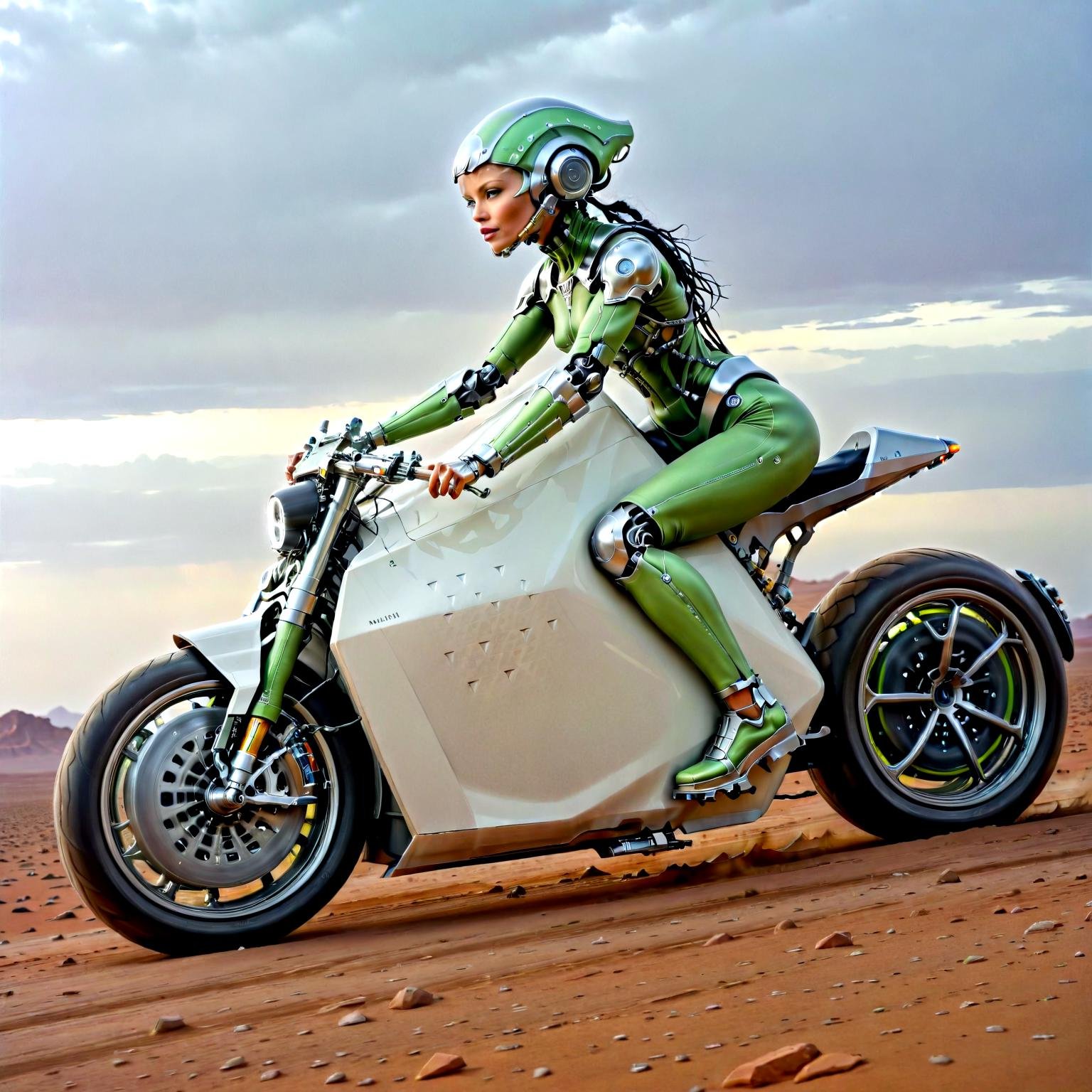 Haute Couture she cyborg riding a DC100 at a alien planet, universe, white, milky way, african, green, gold,(dc100:1.05),(c1bo:1.05) hyperrealistic,,, Haute Couture, often for exclusive fashion, custom-fitted garments, or high-end design.