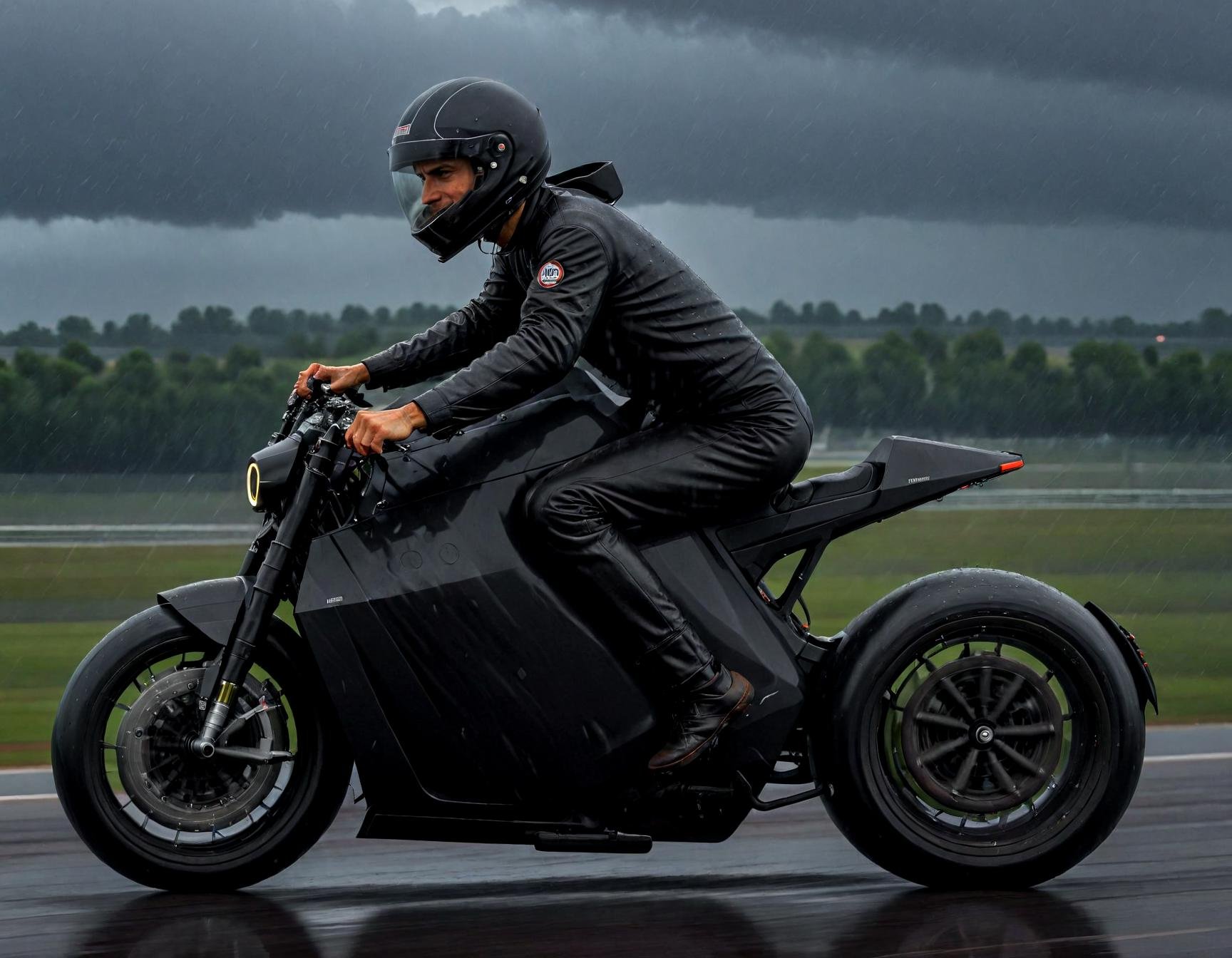 he is rideing the dc100 at a raceway, black racingsuite, raining, thunderstorm ,(dc100:1.05), hyperrealistic, photo,