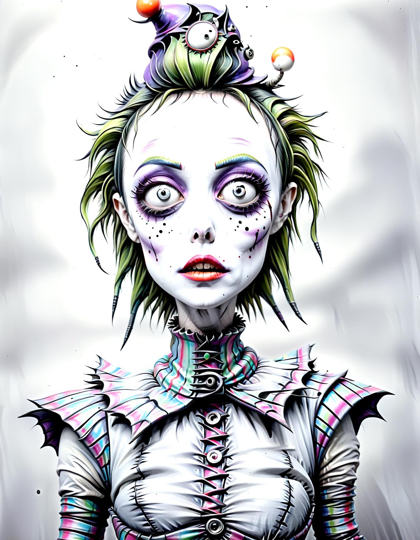 closeup portrait (the jocker:1.15), Quirky body modifications, avant-garde makeup, surreal body proportions, distorted perspectives, haute couture experimentation, Bizarre Fashion Quarterly, abstract art gallery ambiance,,(hand drawn with pencil:1.15), (tim burton style:1.27), ,