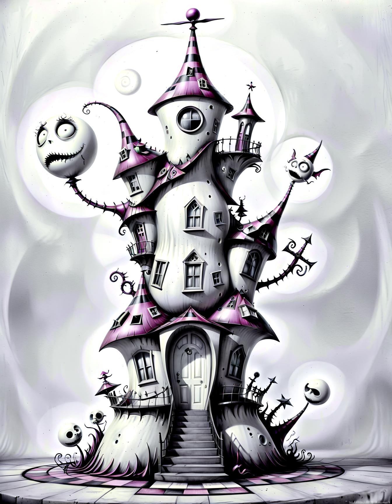 In the surreal geometry of Tim Burton's universe, a house takes form. Its architecture defies gravity, with doors and windows shaped like impossible polygons. Around the house, peculiar creatures with exaggerated features and intricate geometry-patterned costumes gather. The scene exudes an aura of charming eccentricity, a perfect fusion of Burton's signature style and the mesmerizing allure of geometric shapes.,(hand drawn with pencil:1.15), (tim burton style:1.27), ,