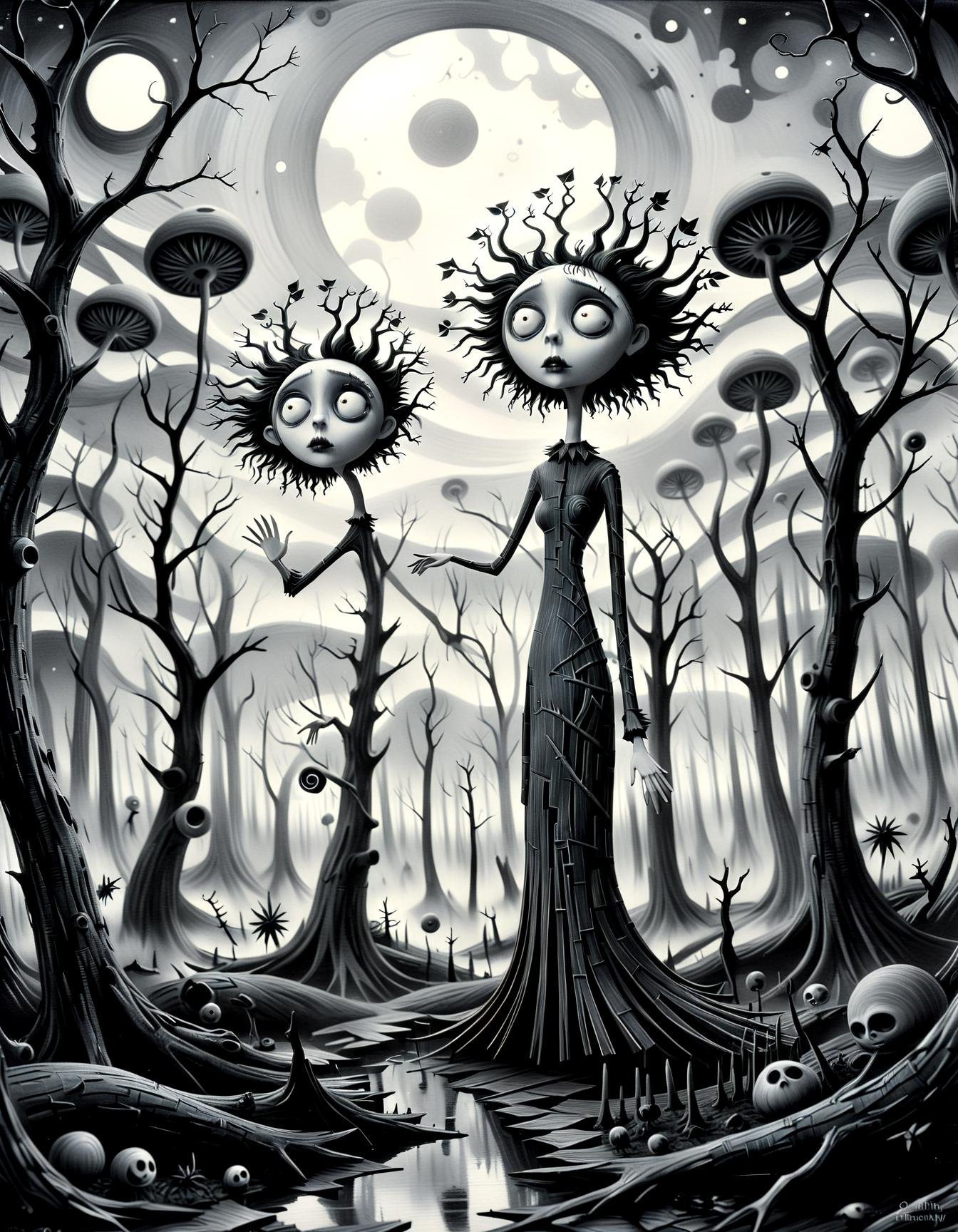 monochrome (pencil scektch:1.3),(she:1.15) In a Tim Burton-inspired forest, peculiar trees with angular branches reach towards the sky.The juxtaposition of Burton's peculiar charm and the mesmerizing allure of geometry gives birth to a truly enchanting and captivating scene.,(hand drawn with pencil:1.15), (tim burton style:1.27), ,