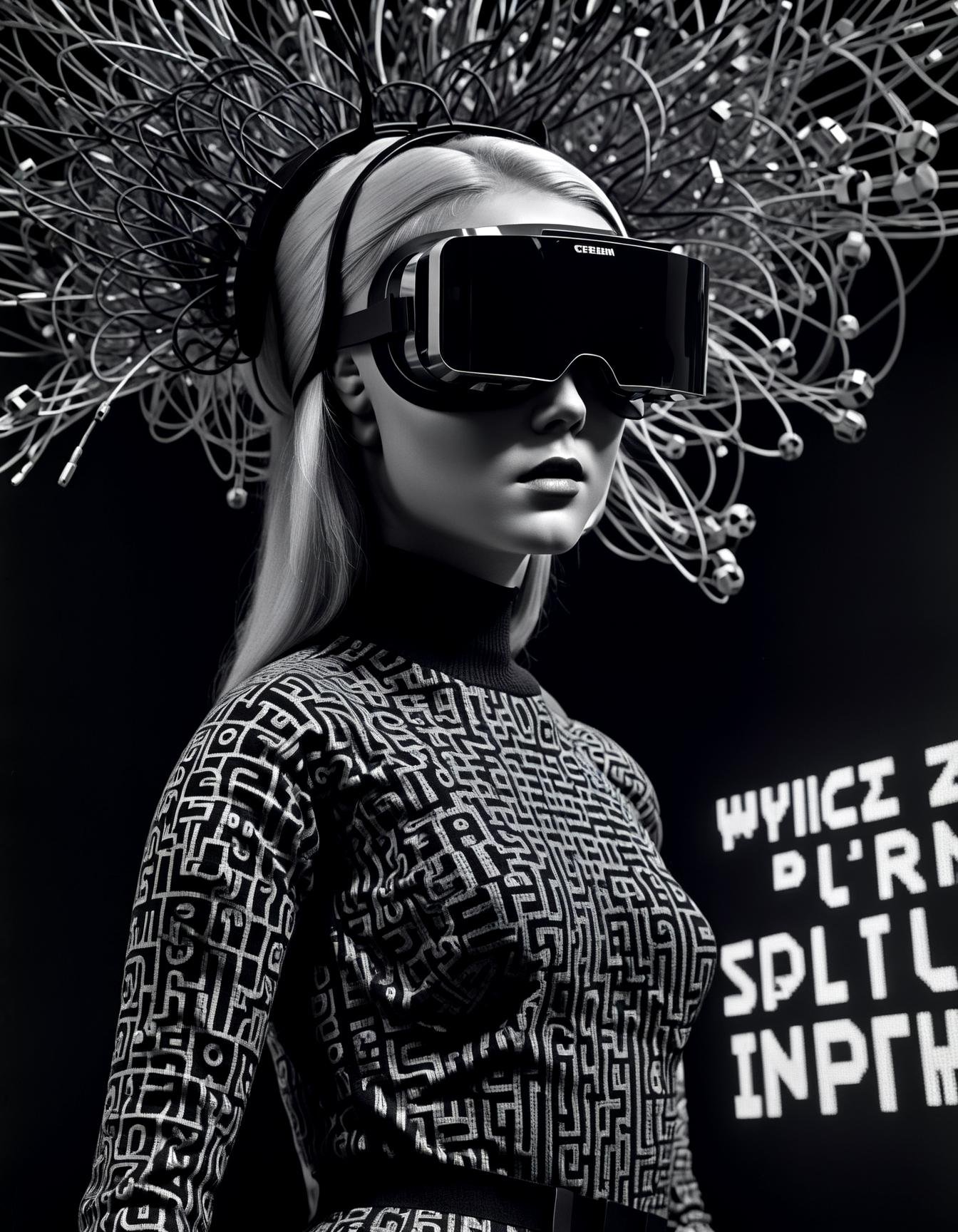 photography monochrome She  tech-inspired fabrics, digital illusions, pixelated prints, virtual reality fashion, cyberspace couture, Wired Fashion Feature, virtual reality headset.,highly intricate,1968, 60s, black letters, hyper detailed, photorealistic,,,in (halsman:1.05) style,