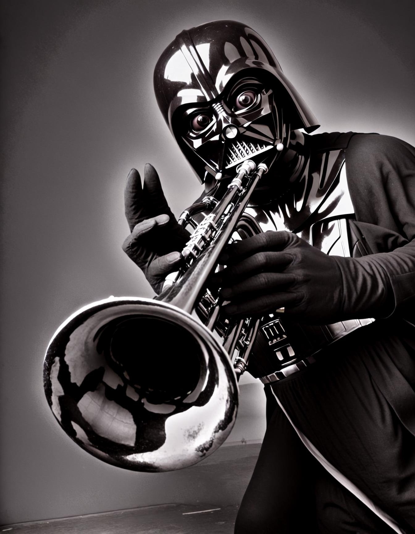 photo of (dath vader:1.5) playing a trumpet, black and white photography,in (halsman:1.05) style,
