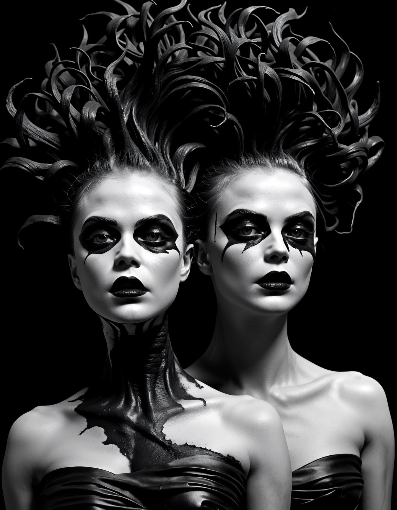 monochrome photography portrait Distorted bodies, twisted fashion, nightmare-inspired makeup, unsettling haute couture, fashion straight from the darkest dreams, Creepy Chic Magazine, surreal nightmare landscape.,detailed, (c1bo:1.05), (black and white:1.15),in (halsman:1.05) style,
