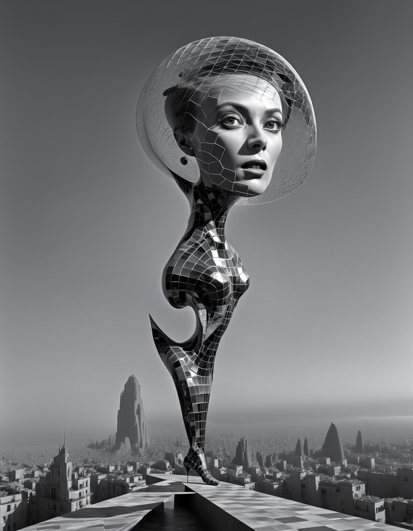 alien portrait Floating geometric shapes, warped dimensions, mind-bending illusions, haute couture defying laws of physics, Vogue of Escherian Dreams, an ever-shifting, gravity-defying environment filled with impossible architectural marvels.,detailed, ,,in (halsman:1.05) style,