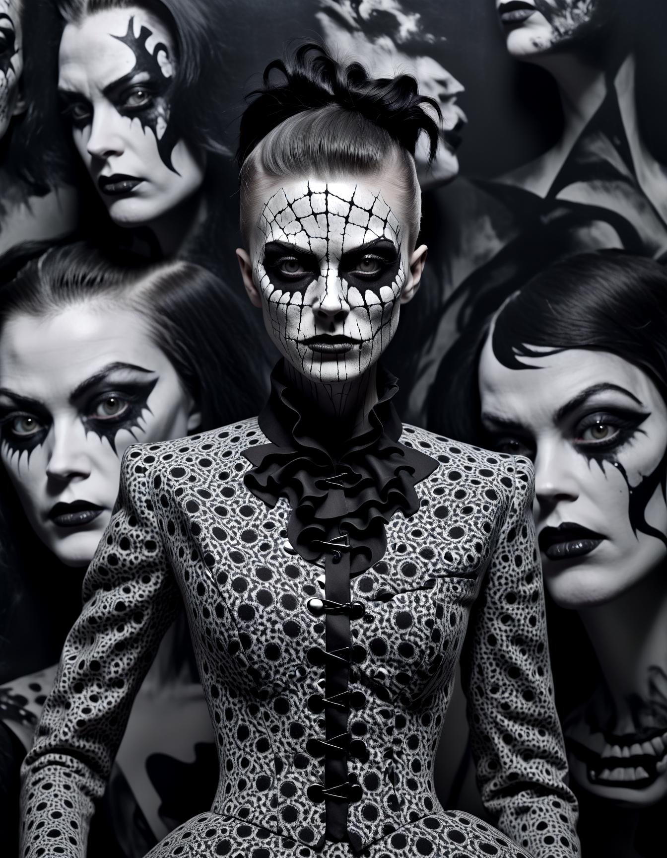 close up portrait, Chaotic black and white patterns, asymmetrical silhouettes, deranged tailoring, surrealistic haute couture, Vogue of Madness, an insane asylum backdrop with stark contrasts, horror, painted with a chainsaw,detailed, ,,in (halsman:1.05) style,