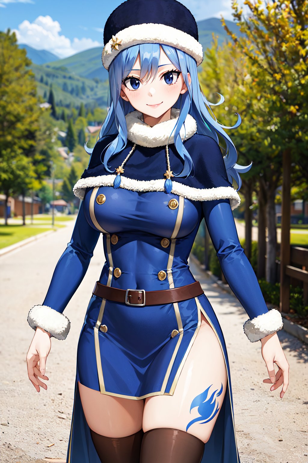 masterpiece, best quality, highres, aajuvia, long hair, blue headwear, fur-trimmed headwear, capelet, blue dress, long sleeves, belt, side slit, tattoo, thighhighs, <lora:juvia_lockser_v1:0.7>, cowboy shot, standing, outdoors, smile