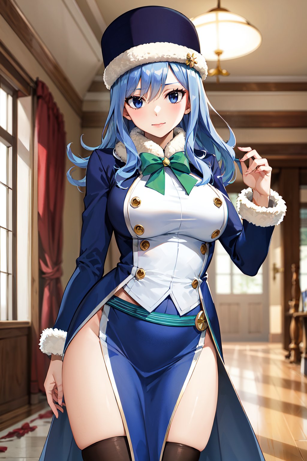 masterpiece, best quality, highres, aajuvia, long hair, blue headwear, fur-trimmed headwear, green bow, jacket, long sleeves, blue skirt, side slit, thighhighs, <lora:juvia_lockser_v1:0.7>, standing, cowboy shot, indoors