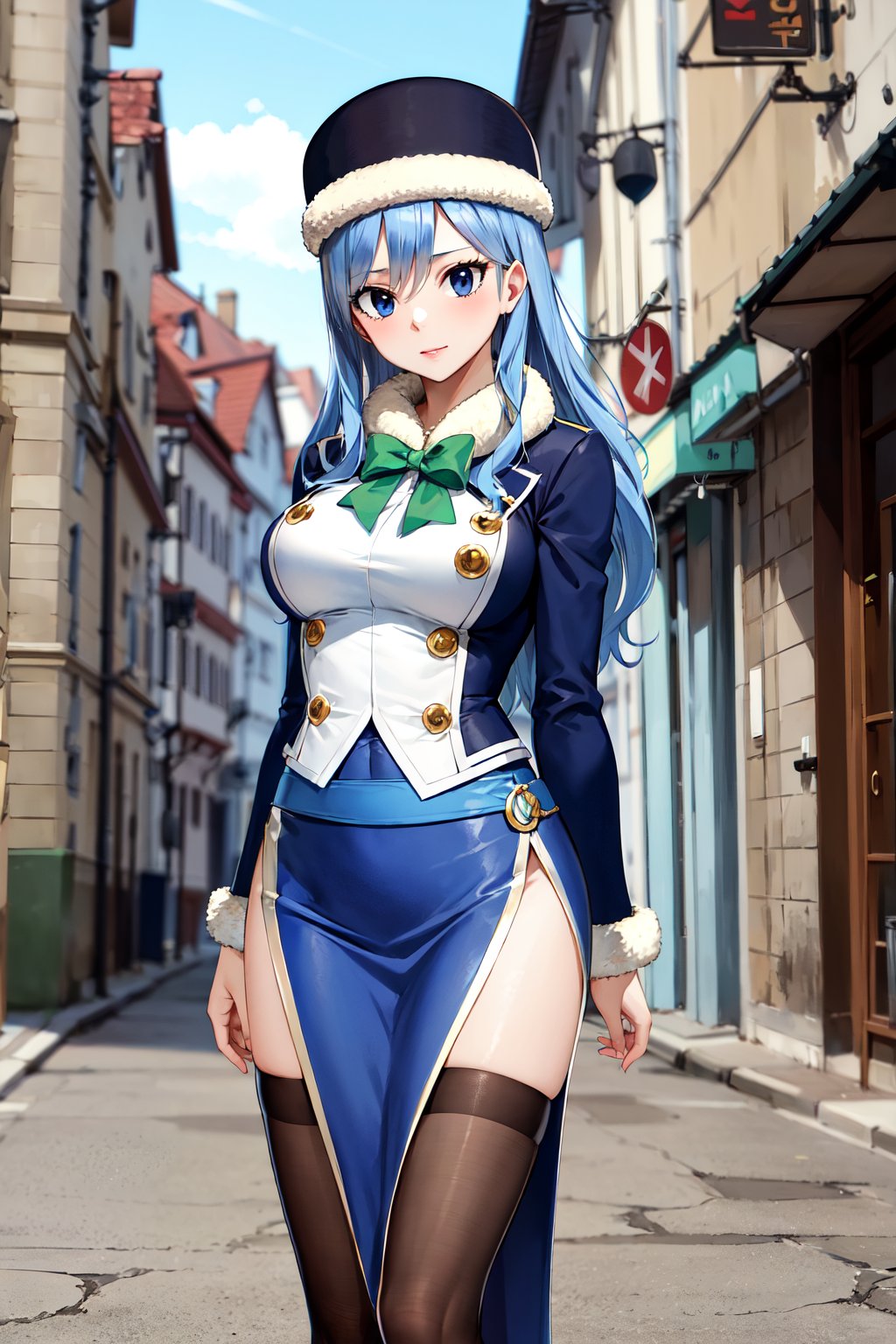 masterpiece, best quality, highres, aajuvia, long hair, blue headwear, fur-trimmed headwear, green bow, jacket, long sleeves, blue skirt, side slit, thighhighs, <lora:juvia_lockser_v1:0.7>, arms behind back, standing, street, 