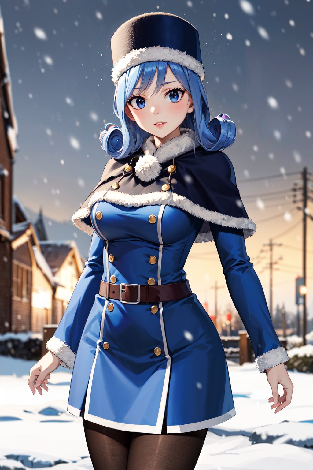 masterpiece, best quality, highres, aajuvia, curly hair, hat, capelet, blue dress, long sleeves, brown belt, pantyhose,<lora:juvia_lockser_v1:0.7>, snow, standing, cowboy shot, snowing, outdoors