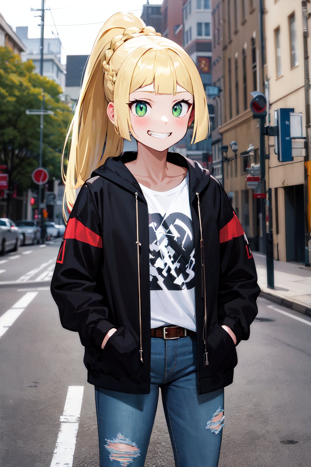 masterpiece, best quality, highres, aalillie, long hair, ponytail, french braid, <lora:lillie_(pokemon)_v1:0.7>, t-shirt, black jacket, belt, jean, torn jeans, evil grin, hands in pockets, street,