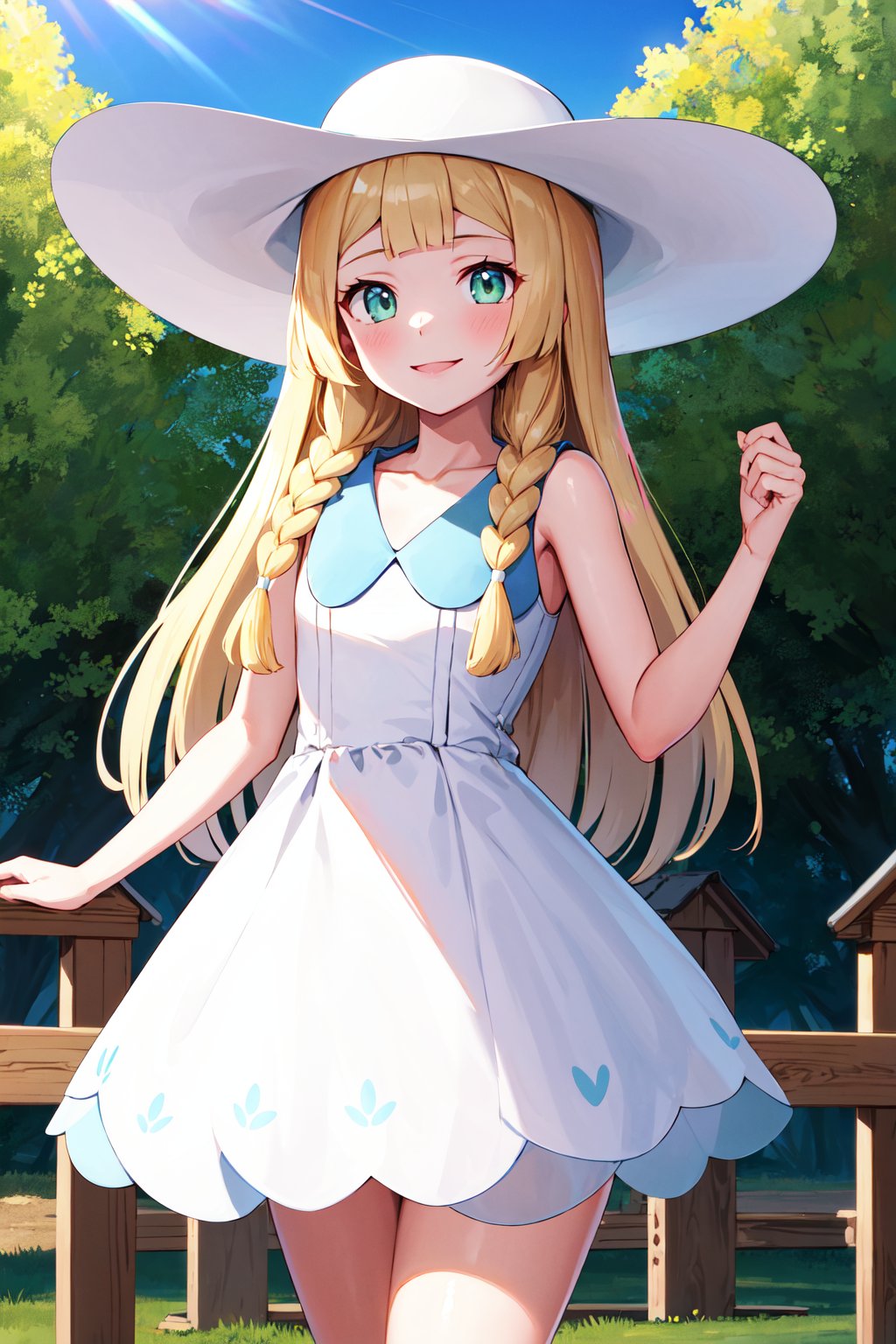 masterpiece, best quality, highres, aalillie, long hair, braid, sun hat, white headwear, collarbone, sleeveless dress, white dress, <lora:lillie_(pokemon)_v1:0.7>, smile, outdoors, cowboy shot, standing