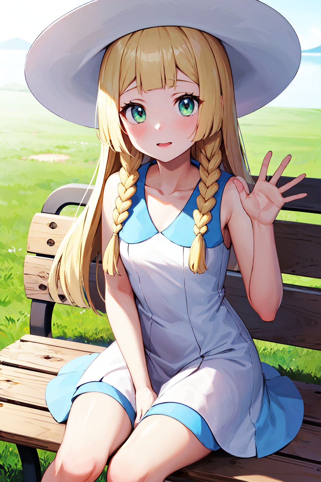 masterpiece, best quality, highres, aalillie, long hair, braid, sun hat, white headwear, collarbone, sleeveless dress, white dress, <lora:lillie_(pokemon)_v1:0.7>, sitting, waving, bench,