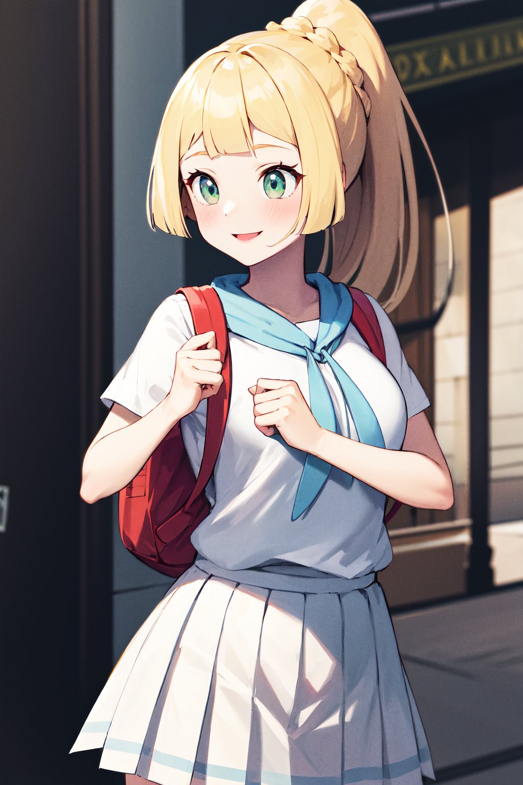 masterpiece, best quality, highres, aalillie, long hair, ponytail, french braid, white shirt, short sleeves, white skirt, pleated skirt, <lora:lillie_(pokemon)_v1:0.7>, backpack, smile, street,