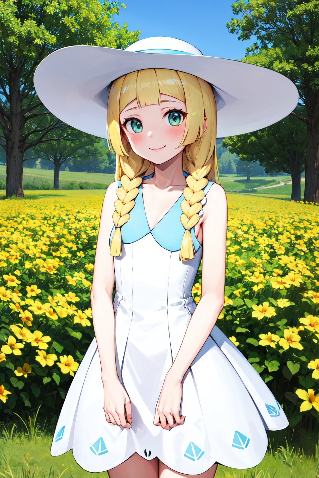 masterpiece, best quality, highres, aalillie, long hair, braid, sun hat, white headwear, collarbone, sleeveless dress, white dress, <lora:lillie_(pokemon)_v1:0.7>, smile, outdoors, cowboy shot, standing