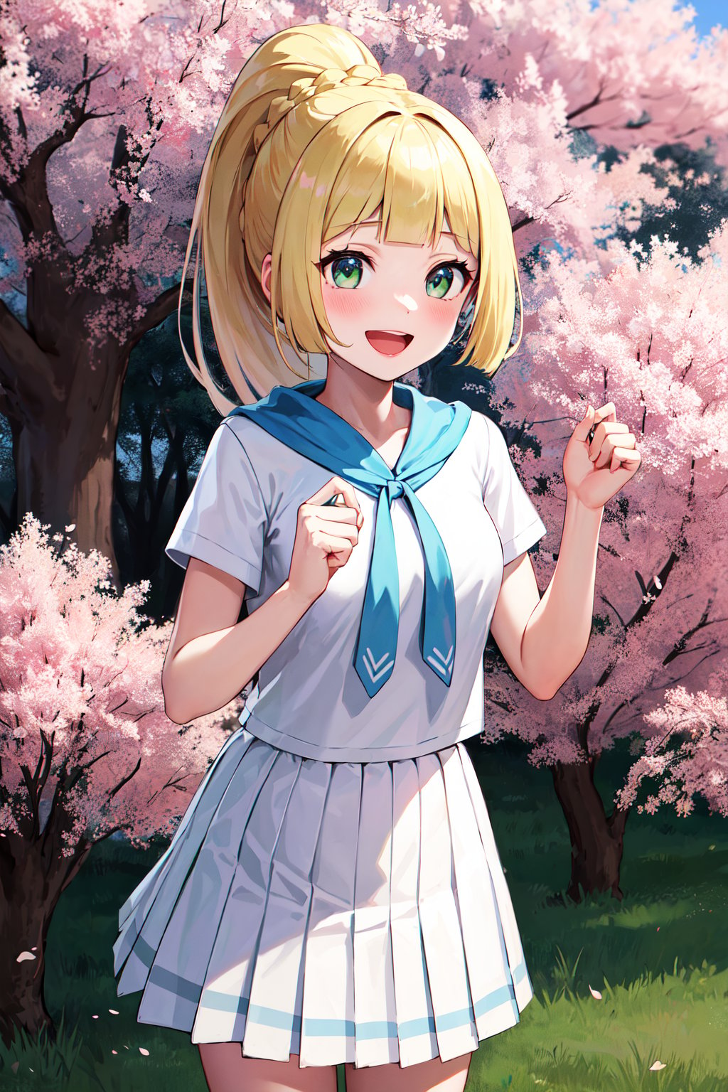 masterpiece, best quality, highres, aalillie, long hair, ponytail, french braid, white shirt, short sleeves, white skirt, pleated skirt, <lora:lillie_(pokemon)_v1:0.7>, standing, cowboy shot, cherry blossoms, smile, open mouth