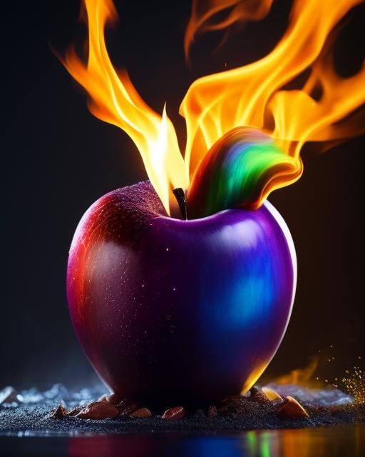 a rainbow colored apple sitting on top of a puddle of liquid on top of a black surface with a rainbow colored apple in the background, no_humans, breathing_fire, burning, campfire, fire, flame, explosion, flaming_weapon, molten_rock, flaming_sword, torch, tail-tip_fire, pyrokinesis, embers, fiery_hair, fireplace, water_drop, charmander, charizard, magic, candle, honey