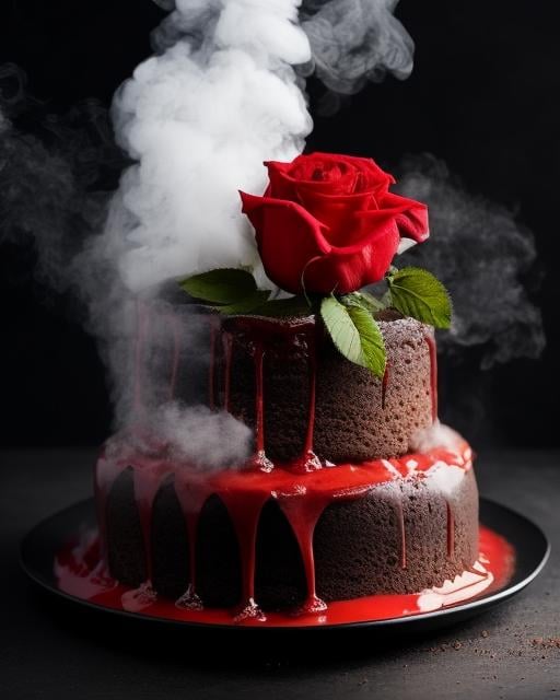 a piece of cake with a red rose on top of it on a black surface with smoke coming out of the top of the cake, still_life, no_humans, rose, red_rose, flower