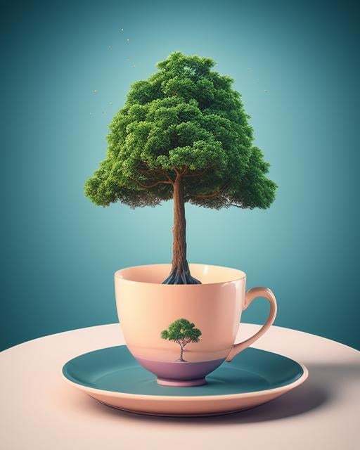 a cup with a tree in it on a saucer, surreal object photography, surreal tea party, inspired by Chris LaBrooy, realism | beeple, beeple. hyperrealism, surreal + highly detailed, surreal design, 3 d illutration, surreal 3 d render, boiling imagination in a bowl, beeple |, surreal illustration