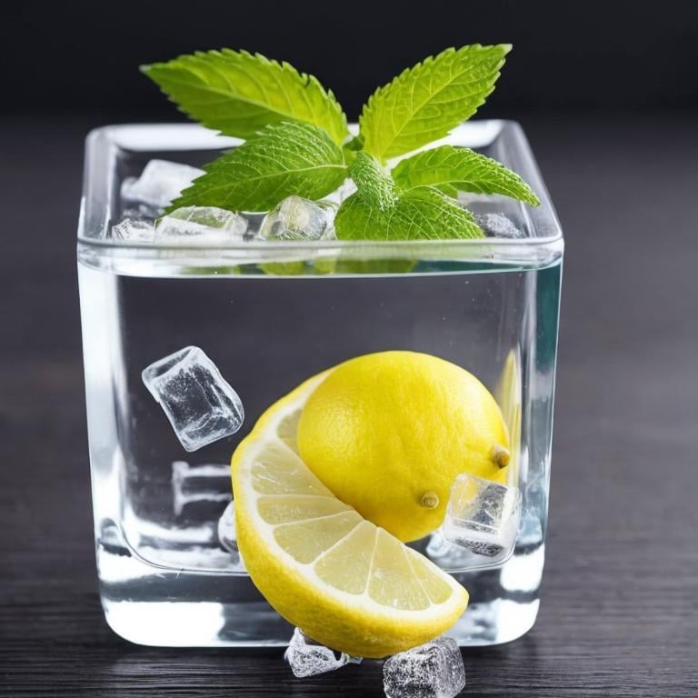 an ice cube with a slice of lemon in it, lemonade, one ice cube, ice, 🍸🍋, defence, lemon, cold drinks, whiskey glass with ice cubes, ice cubes, with lemon skin texture, melting 4d cubes, vodka, lemons, cubes of ice around, protection, clean image, ice sculpture, wearing a lemon, molecular gastronomy