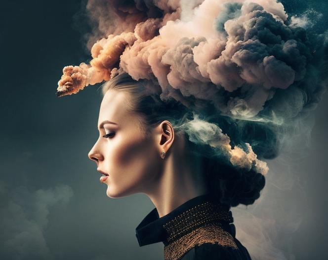 a woman with a train coming out of her head, face made out of clouds, great digital art with details, beautiful surreal portrait, photomanipulation, double exposure photography, amazing digital art, concept art. smoke, detailed smoke, mind-bending digital art, gorgeous digital art, by Adam Marczyński, double exposure portrait, double exposure effect