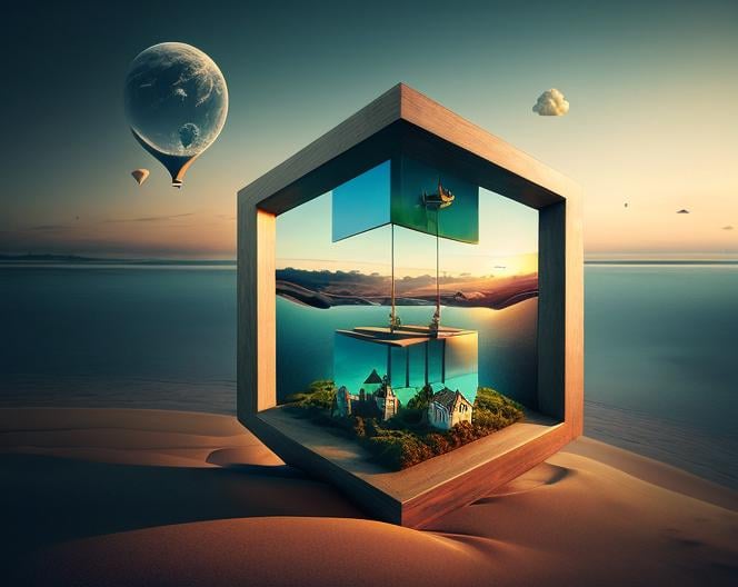 a group of three blocks with a picture of a boat in the middle of them, surreal 3 d render, 3 d epic illustrations, 3 d artistic render, inspired by Matthias Jung, environmental key art, erik johansson style, surreal concept art, alexander jansson style, cube portals, beeple masterpiece, 3 d render beeple, surrealistic digital artwork