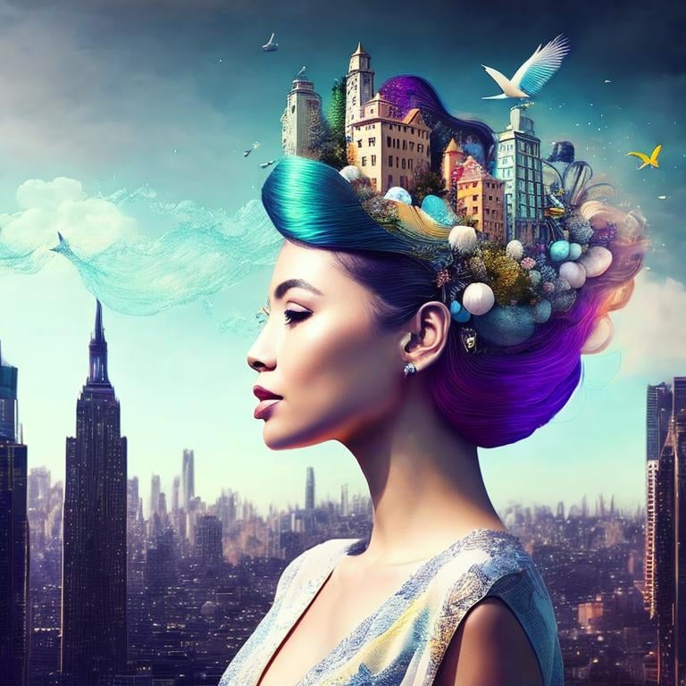 arafed woman with a city and birds in her hair, elaborate digital art, beautiful digital artwork, surrealistic digital artwork, gorgeous digital art, stunning digital illustration, inspiring digital art, 4k highly detailed digital art, stunning digital art, intricate digital painting, intricate digital artwork, breathtaking digital art, 4k detailed digital art, stylized digital art, no humans, water, bird, fish, waves, building dark, (concept art:1.43), digital art, digital painting, artstation, (concept art:1.43), smooth, sharp focus, illustration, art by artgerm and greg rutkowski and alphonse mucha