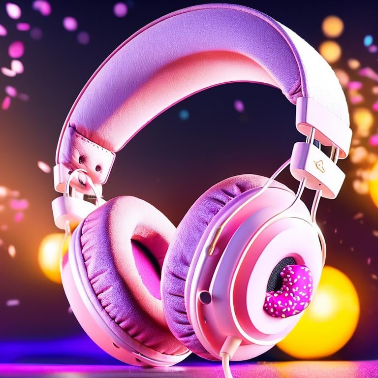 a pair of pink headphones with sprinkles on them, pink headphones, pink frosted donut, headphones, headphones on, blender donut tutorial, earphones, blender donut, donut, floating headsets, red headphones, headset, with head phones, earbuds, headphones dj rave, eating a donut, with headphones, sprinkles, wearing headphones, high quality product photography, listening to music band playing to giant headphone set in `a house with large pyramid behind them at (the edges gothic background:1.16), lighting a big eye), painted bright colorful kerosene grain + human tooth rims + autumn lights wreath by gowtag photoshop clouds alfa san Salvador