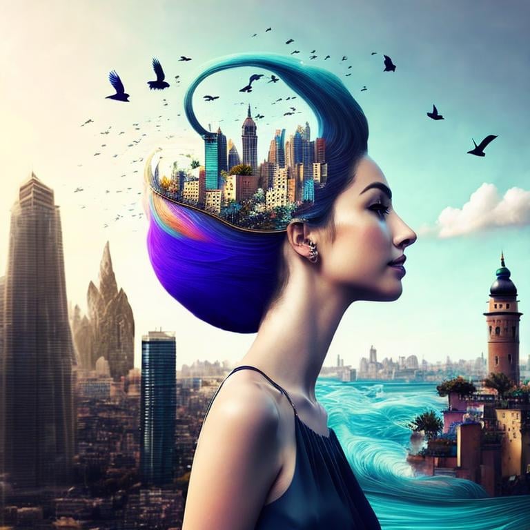 arafed woman with a city and birds in her hair, elaborate digital (art:1.33), beautiful digital (art:1.33)work, surrealistic digital (art:1.33)work, gorgeous digital (art:1.33), stunning digital illustration, inspiring digital (art:1.33), 4k highly detailed digital (art:1.33), stunning digital (art:1.33), intricate digital painting, intricate digital (art:1.33)work, breathtaking digital (art:1.33), 4k detailed digital (art:1.33), stylized digital (art:1.33), no humans, water, bird, fish, waves, building dark, concept (art:1.33), digital (art:1.33), digital painting, (art:1.33)station, concept (art:1.33), smooth, sharp focus, illustration, (art:1.33) by (art:1.33)germ and greg rutkowski and alphonse mucha