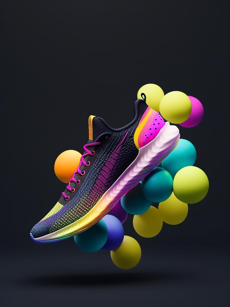 a close up of a shoe with a bunch of colorful balls coming out of it, futuristic sneakers, colorful octane render, sneaker design, cinema 4d colorful render, sneaker photo, colorful vivid octane render, inspired by Mike Winkelmann, sneaker shoes, high-quality render, 3d digital art 4k, intricate artwork. octane render, running shoes, no humans, shoes, black background, still life, simple background, grey background, gradient, colorful, gradient background, sneakers, shadow, food focus