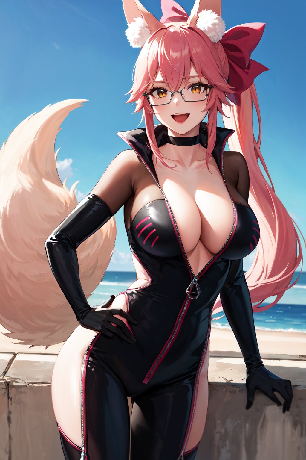 masterpiece, best quality, highres, aakoyans, long hair, ponytail, pink bow, animal ears, glasses, large breasts, fox tail, choker, collarbone, cleavage, black bodysuit, see-through sleeves, long sleeves, black gloves, elbow gloves, hip vent, <lora:koyanskaya_of_light_(fate)_v1:0.7>, hand on hip, cowboy shot, standing, smile, open mouth, outdoors