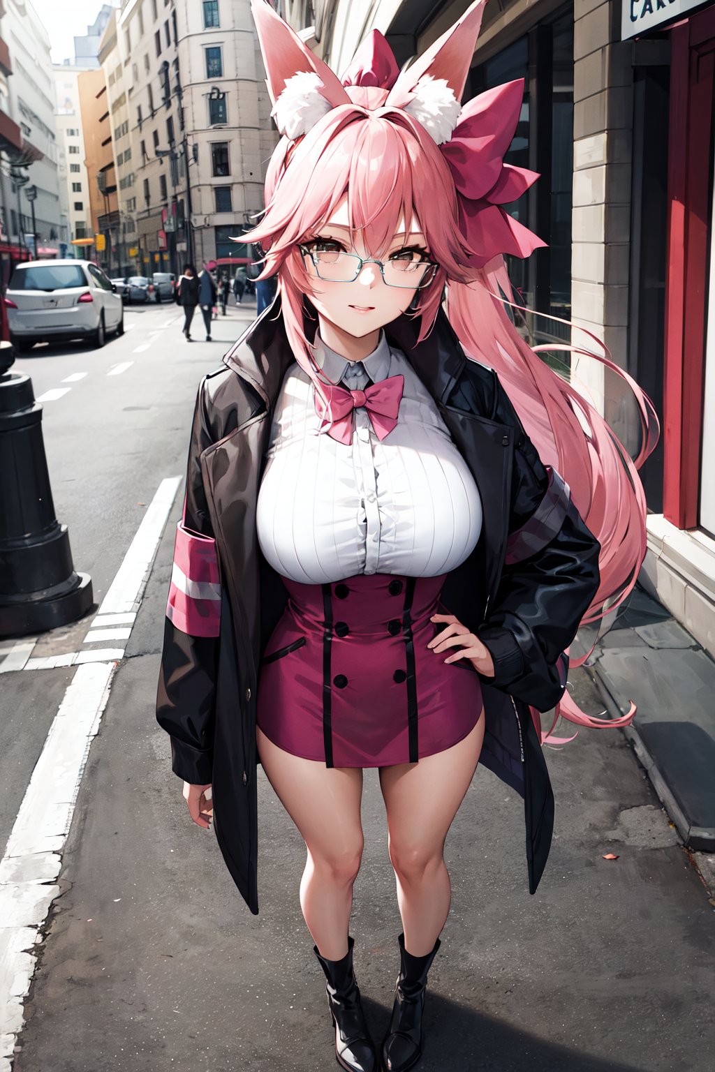 masterpiece, best quality, highres, aakoyans, long hair, ponytail, pink bow, animal ears, glasses, large breasts, fox tail, <lora:koyanskaya_of_light_(fate)_v1:0.7>, dress, jacket, high-waist skirt, street, standing