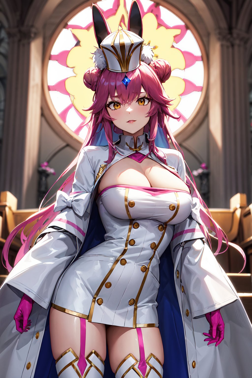 masterpiece, best quality, highres, bbkoyans, long hair, double bun, fox ears, hat, white headwear, cleavage, large breasts, white dress, white coat, open coat, long sleeves, pink gloves, buttons, white thighhighs, garter straps, <lora:koyanskaya_of_light_(fate)_v1:0.7>, standing, cowboy shot, church, 