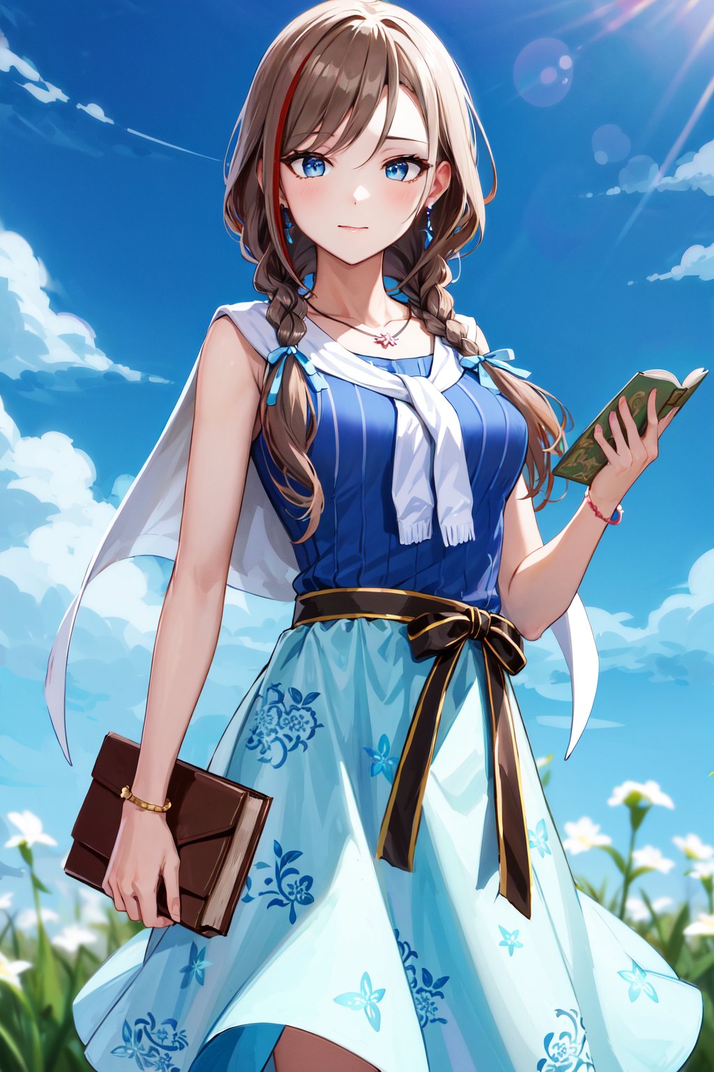 masterpiece, best quality, highres, aanatsume, long hair, multicolored hair, twin braids, hair ribbon, blue ribbon, hair over shoulder, earrings, medium breasts, collarbone, necklace, stole, blue shirt, sleeveless, bracelet, sash, black ribbon, floral print, blue skirt, <lora:kurusu_natsume_v1:0.7>, standing, cowboy shot, outdoors, field, blue sky, holding book, book