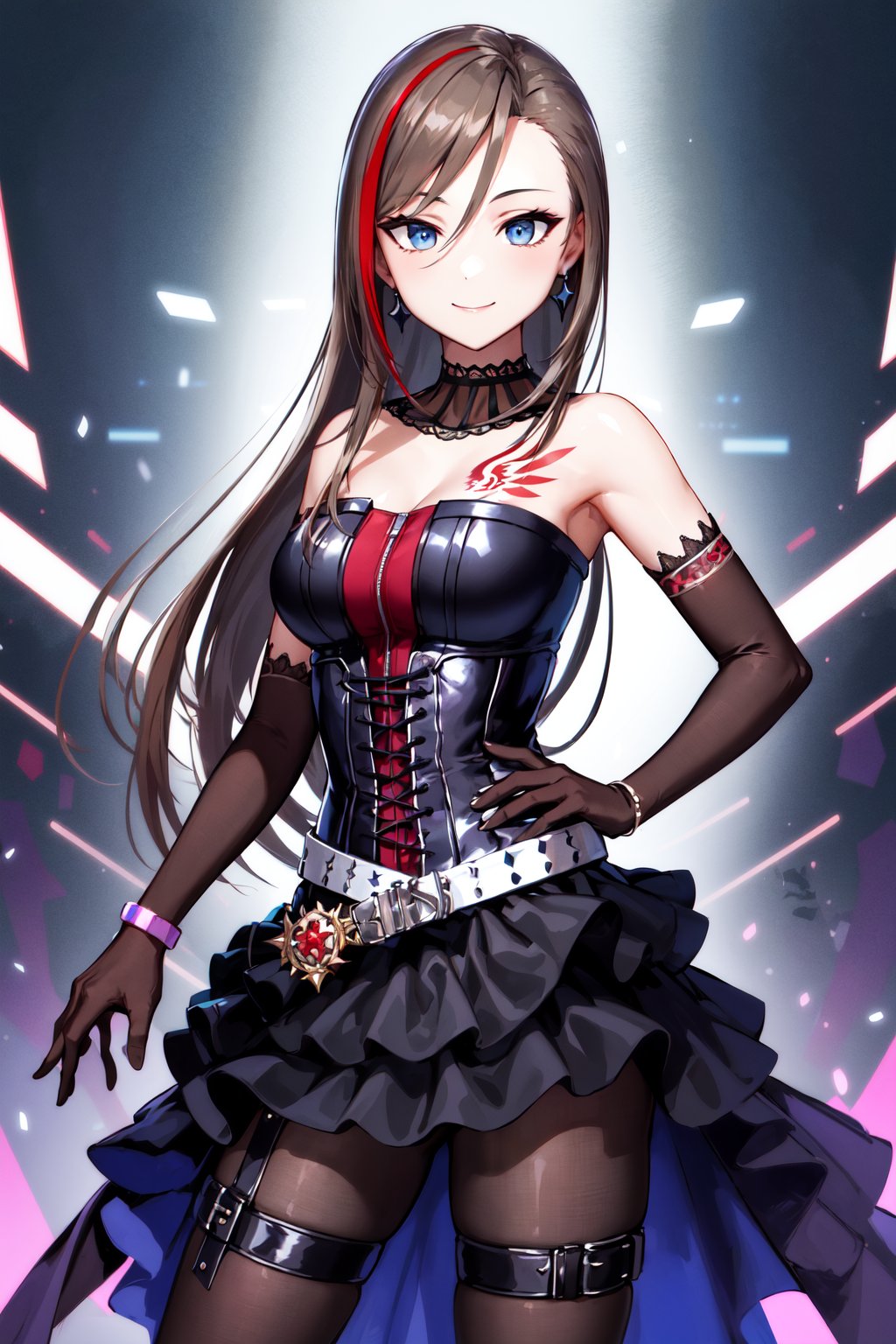 masterpiece, best quality, highres, aanatsume, long hair, multicolored hair, hair ornament, choker, bare shoulders, tattoo, frills, black dress, corset, bracelet, elbow gloves, black gloves, belt, thigh strap, black skirt, black pantyhose, <lora:kurusu_natsume_v1:0.7>, standing, cowboy shot, cyberpunk, smile,