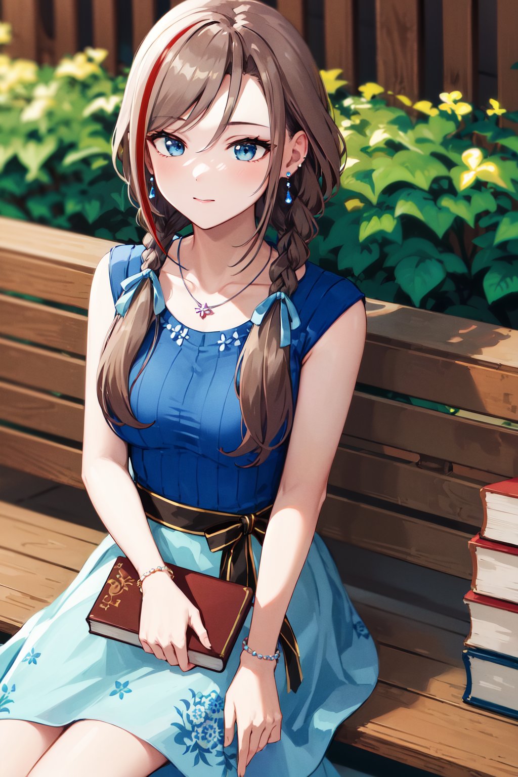 masterpiece, best quality, highres, aanatsume, long hair, multicolored hair, twin braids, hair ribbon, blue ribbon, hair over shoulder, earrings, medium breasts, collarbone, necklace, blue shirt, sleeveless, bracelet, sash, black ribbon, floral print, blue skirt, <lora:kurusu_natsume_v1:0.7>, sitting, bench, outdoors, book,