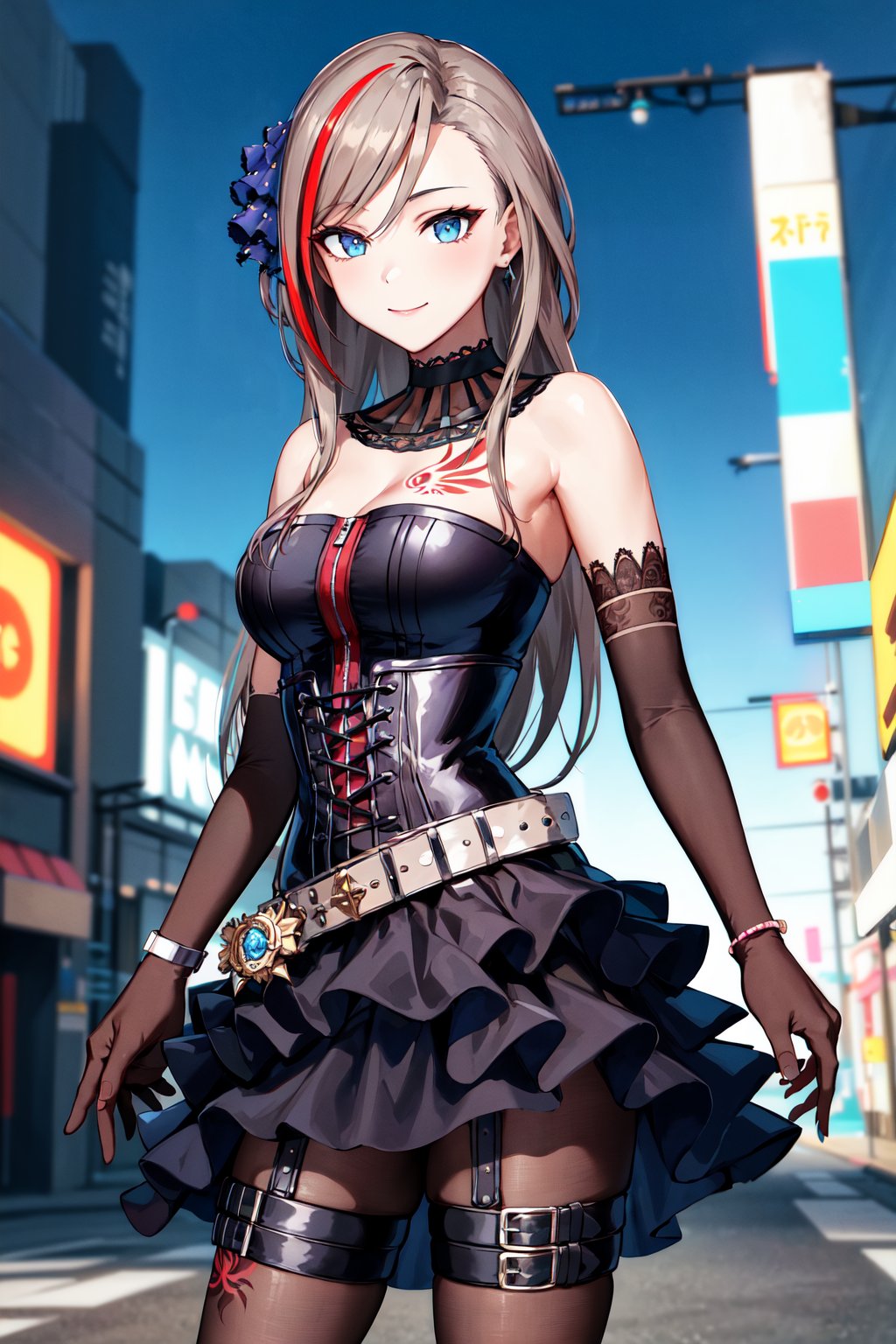 masterpiece, best quality, highres, aanatsume, long hair, multicolored hair, hair ornament, choker, bare shoulders, tattoo, frills, black dress, corset, bracelet, elbow gloves, black gloves, belt, thigh strap, black skirt, black pantyhose, <lora:kurusu_natsume_v1:0.7>, standing, cowboy shot, street, cyberpunk, smile, arms at sides, 